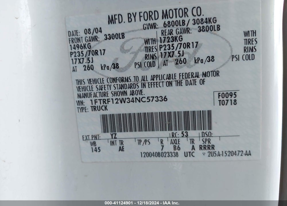 2004 FORD F150 VIN: 1FTRF12W34NC57336