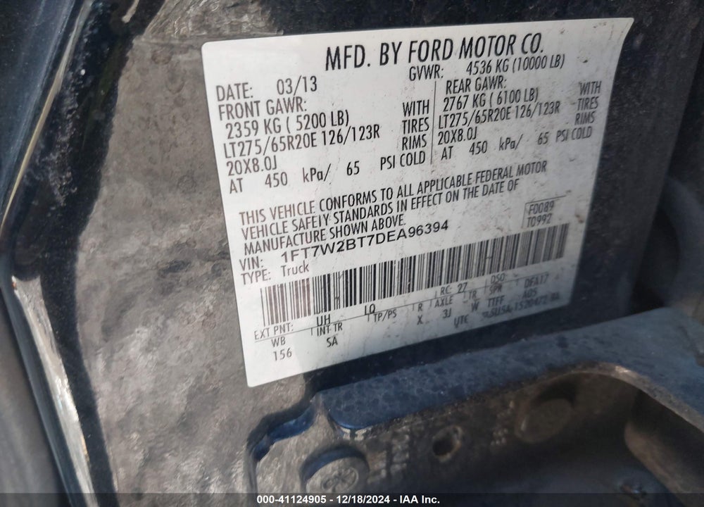 2013 FORD F-250 LARIAT VIN: 1FT7W2BT7DEA96394