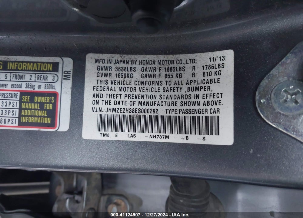 2014 HONDA INSIGHT VIN: JHMZE2H38ES000292