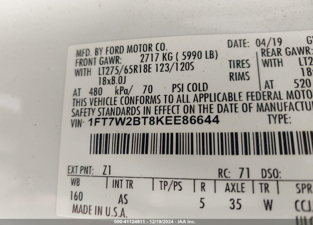 2019 FORD F-250 VIN: 1FT7W2BT8KEE86644