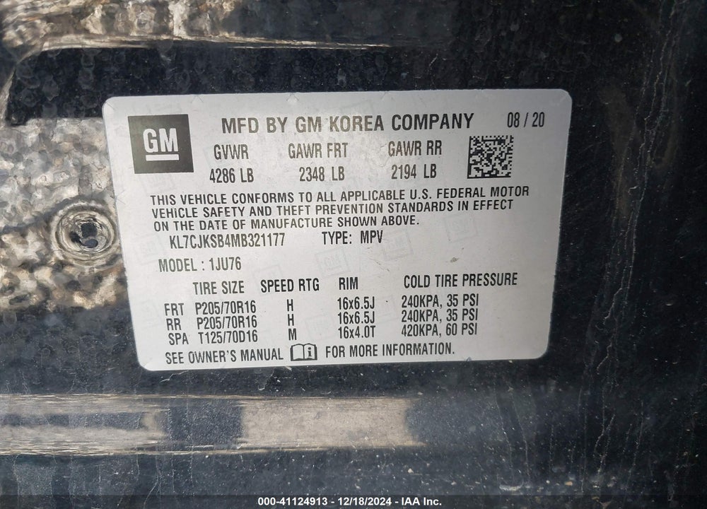 2021 CHEVROLET TRAX FWD LS VIN: KL7CJKSB4MB321177