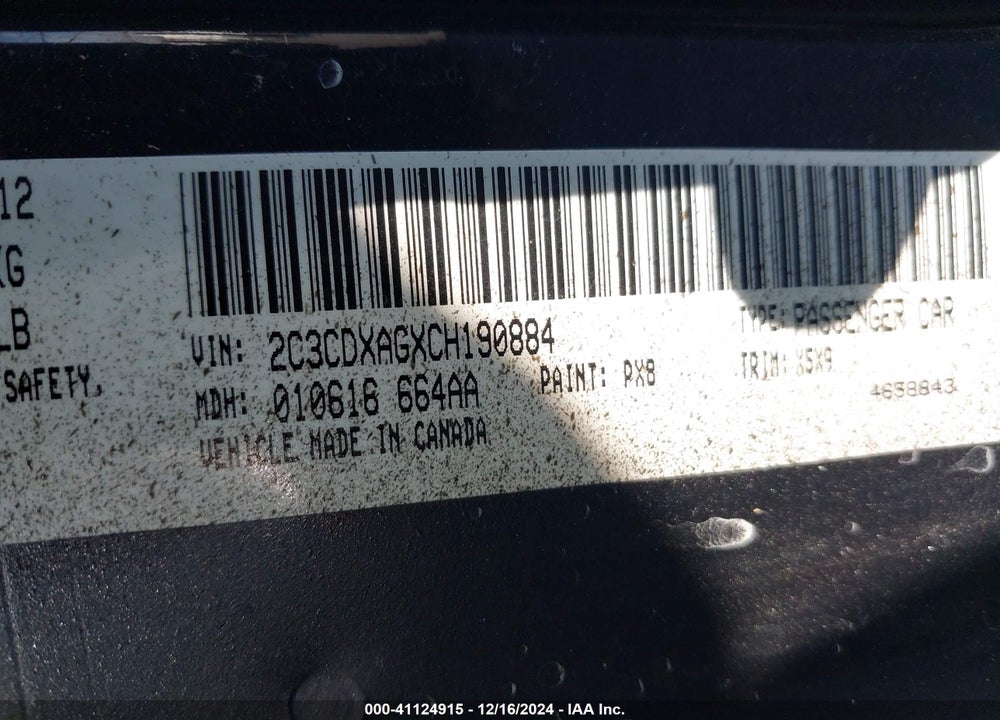 2012 DODGE CHARGER POLICE VIN: 2C3CDXAGXCH190884