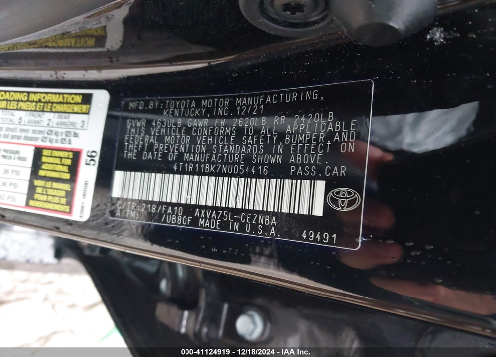 2022 TOYOTA CAMRY LE AWD VIN: 4T1R11BK7NU054416
