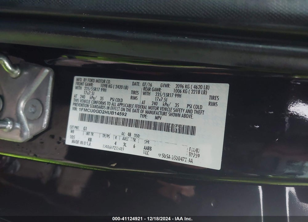 2017 FORD ESCAPE SE VIN: 1FMCU0GD2HUB14592