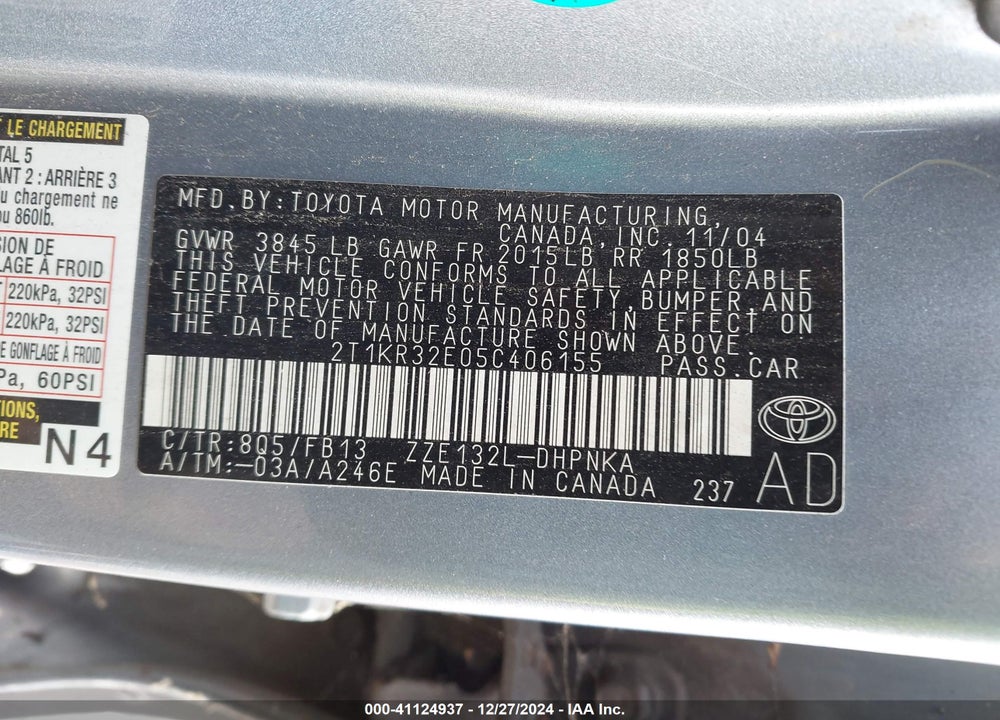 2005 TOYOTA MATRIX/XR VIN: 2T1KR32E05C406155