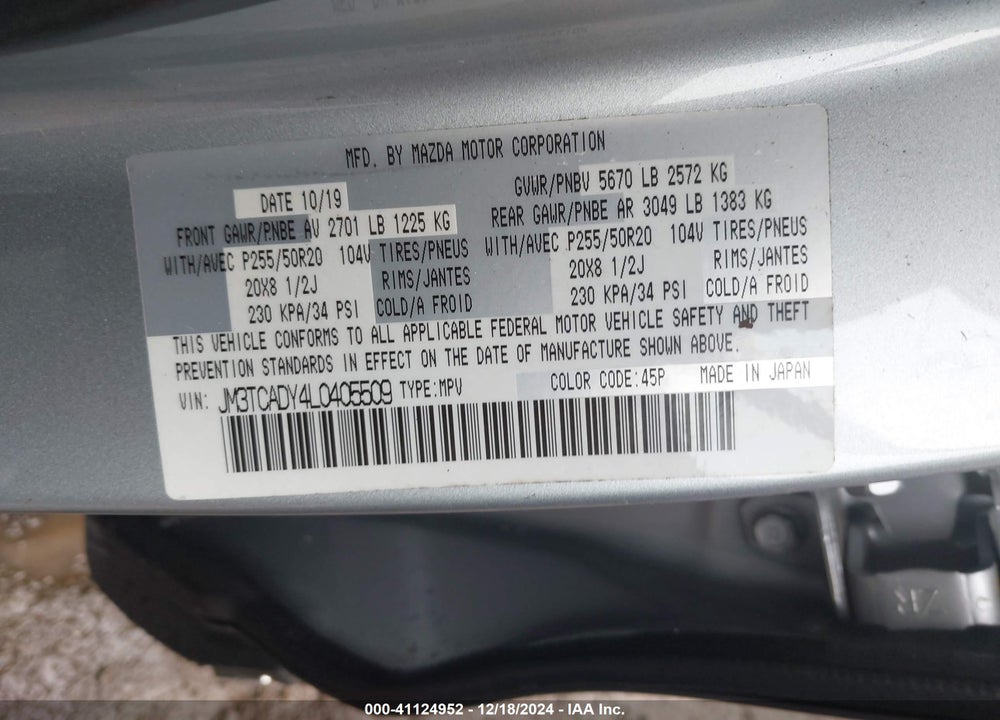 2020 MAZDA CX-9 GRAND TOURING VIN: JM3TCADY4L0405509