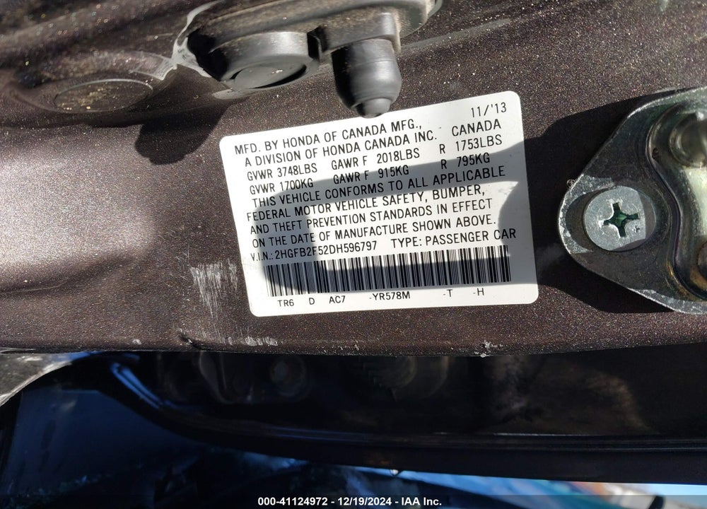 2013 HONDA CIVIC LX VIN: 2HGFB2F52DH596797