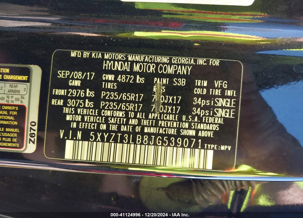 2018 HYUNDAI SANTA FE SPORT 2.4L VIN: 5XYZT3LB8JG539071