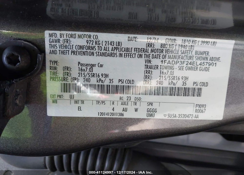 2014 FORD FOCUS VIN: 1FADP3F24EL457901