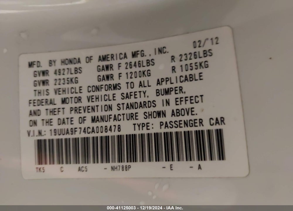 2012 ACURA TL 3.7 VIN: 19UUA9F74CA008478