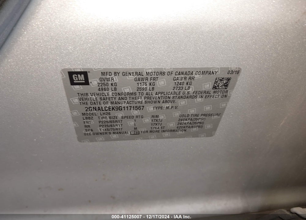 2016 CHEVROLET EQUINOX LT VIN: 2GNALCEK9G1171567