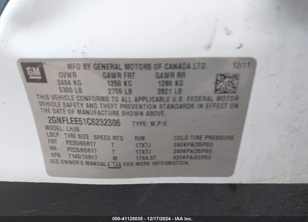 2012 CHEVROLET EQUINOX 1LT VIN: 2GNFLEE51C6232306