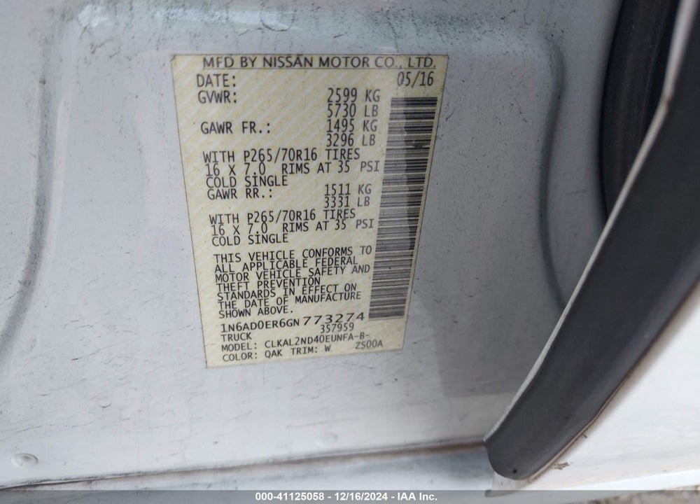 2016 NISSAN FRONTIER SV VIN: 1N6AD0ER6GN773274