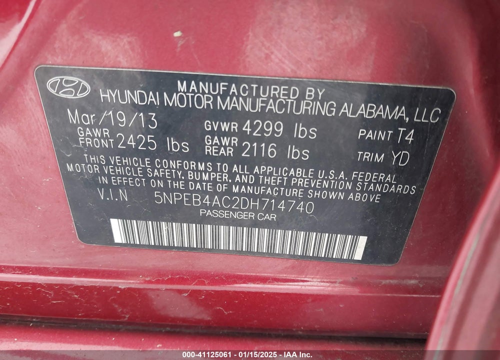 2013 HYUNDAI SONATA VIN: 5NPEB4AC2DH714740