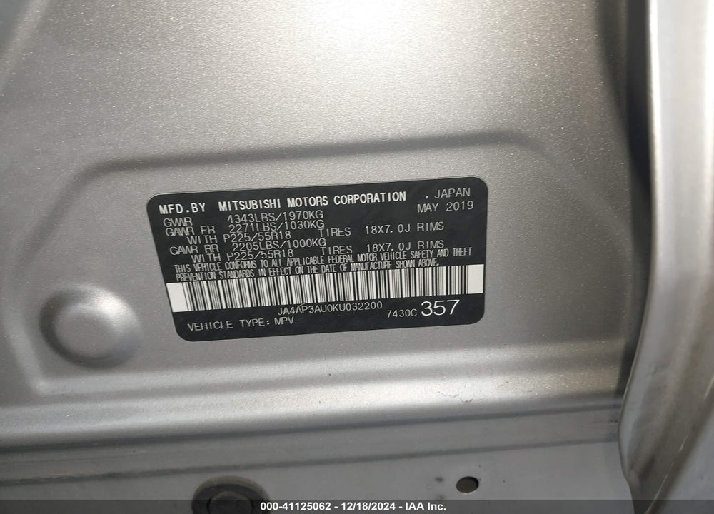 2019 MITSUBISHI OUTLANDER SPORT 2.0 ES VIN: JA4AP3AU0KU032200