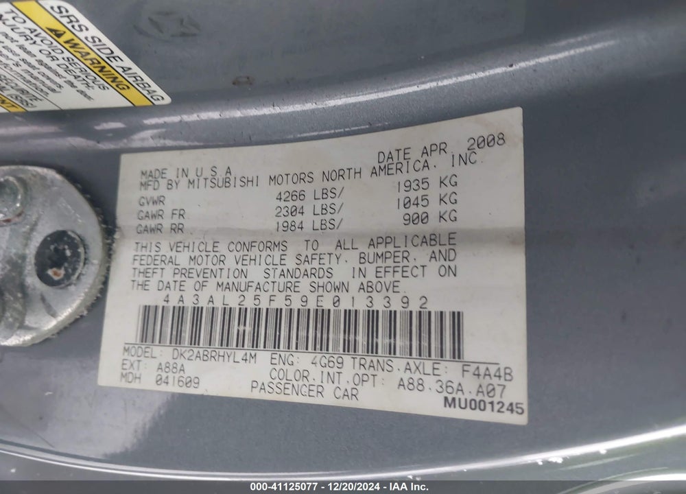 2009 MITSUBISHI ECLIPSE SPYDER GS VIN: 4A3AL25F59E013392