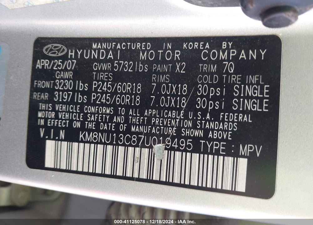 2007 HYUNDAI VERACRUZ GLS/LIMITED/SE VIN: KM8NU13C87U019495