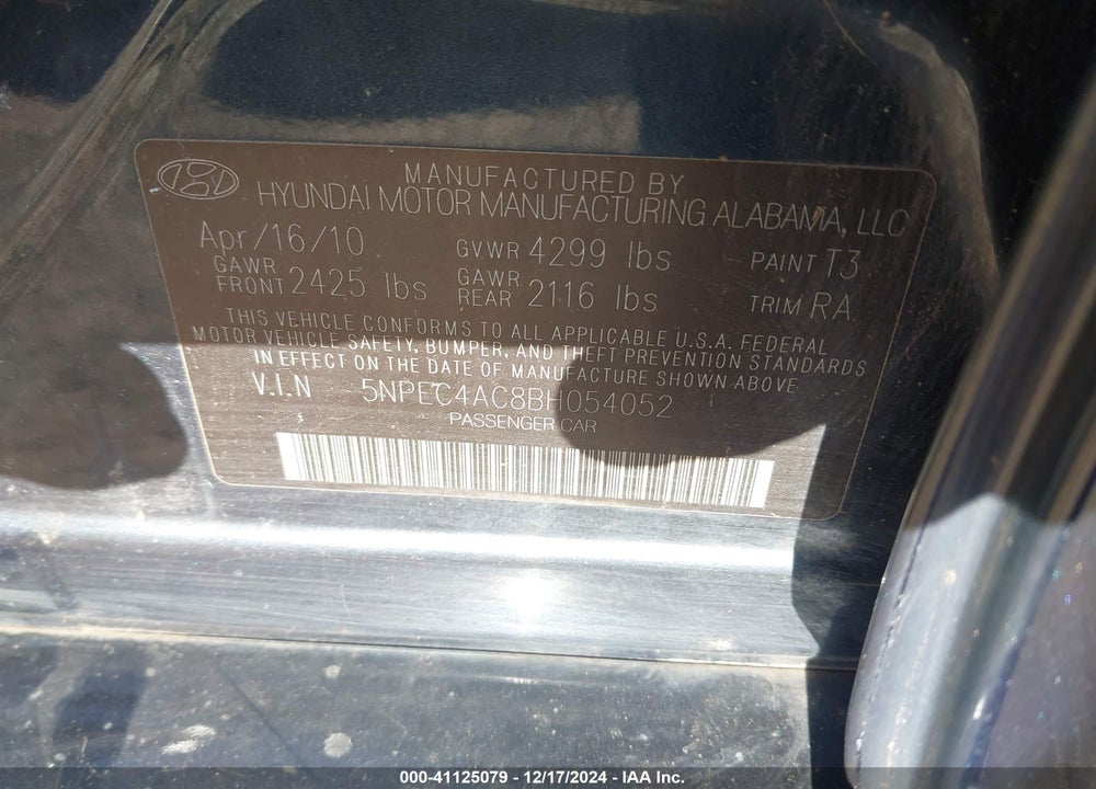 2011 HYUNDAI SONATA SE VIN: 5NPEC4AC8BH054052