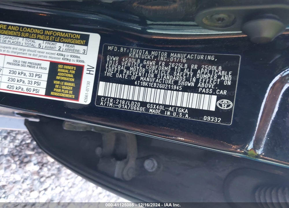 2016 TOYOTA AVALON XLE VIN: 4T1BK1EB2GU211945