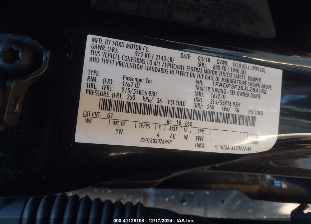 2018 FORD FOCUS VIN: 1FADP3F26JL284182
