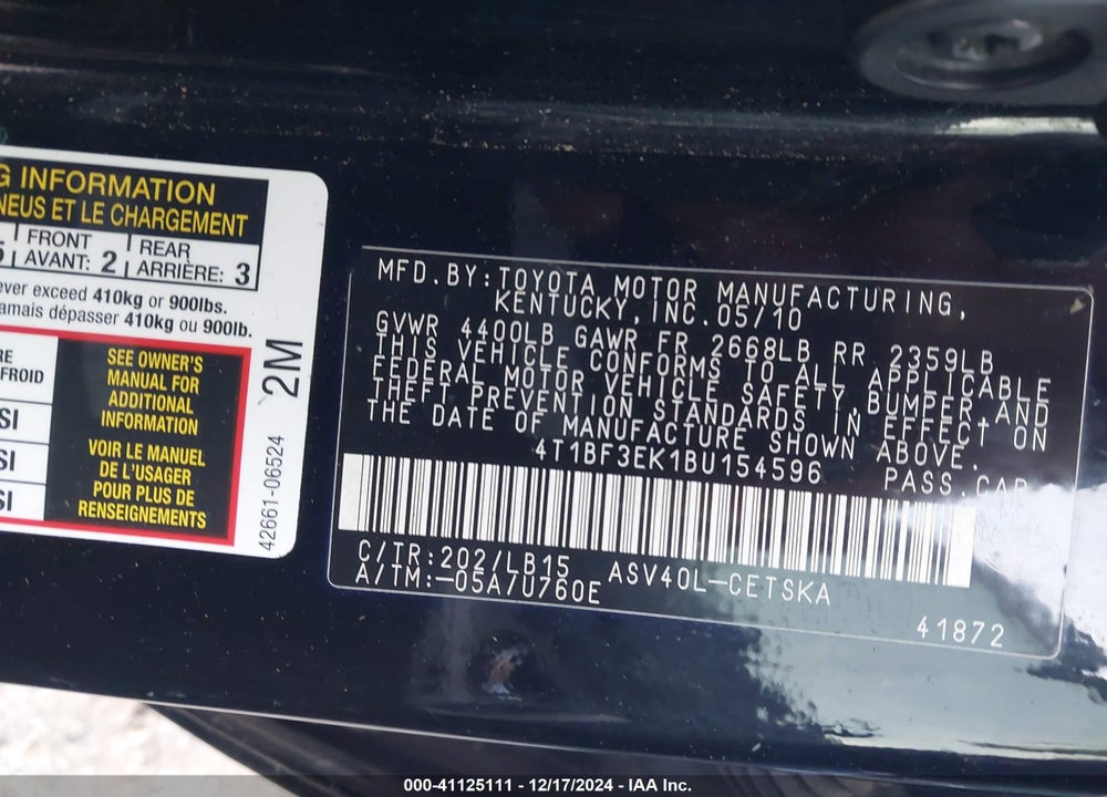 2011 TOYOTA CAMRY SE VIN: 4T1BF3EK1BU154596