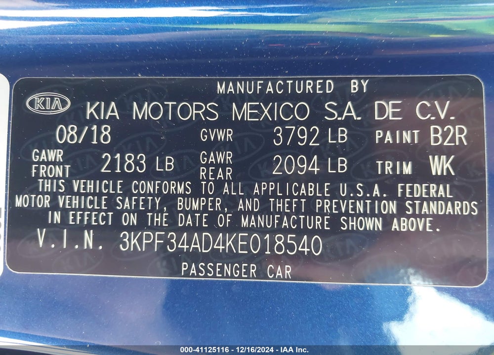 2019 KIA FORTE S VIN: 3KPF34AD4KE018540