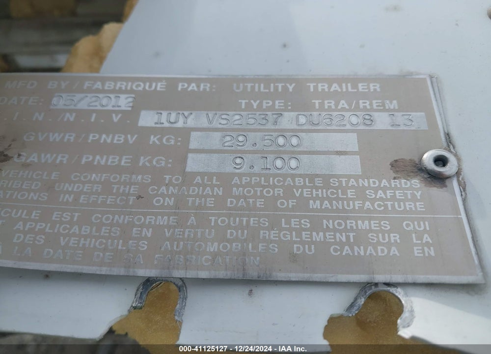 2013 UTILITY TRAILER MFG TRAILER VIN: 1UYVS2537DU620813