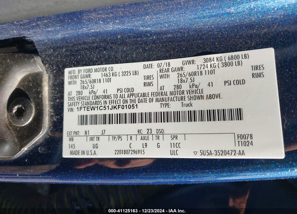 2018 FORD F-150 VIN: 1FTEW1C51JKF01051