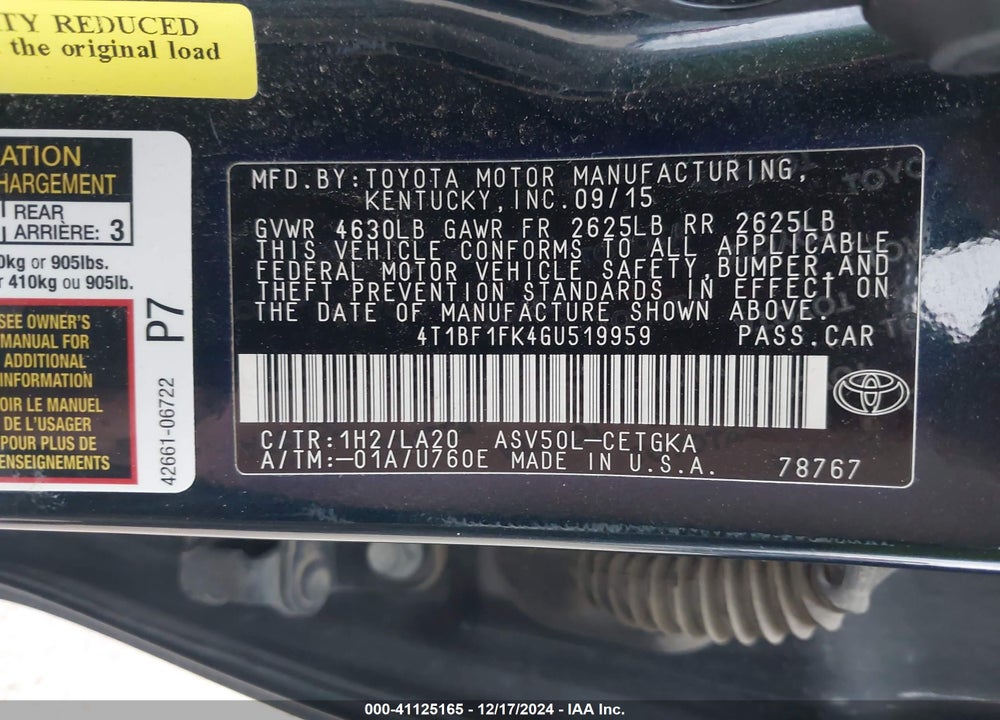 2016 TOYOTA CAMRY XLE VIN: 4T1BF1FK4GU519959