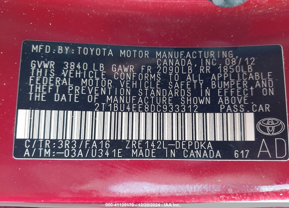 2013 TOYOTA COROLLA VIN: 2T1BU4EE8DC933312