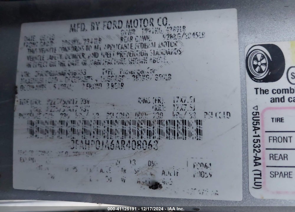2010 FORD FUSION SEL VIN: 3FAHP0JA6AR408063
