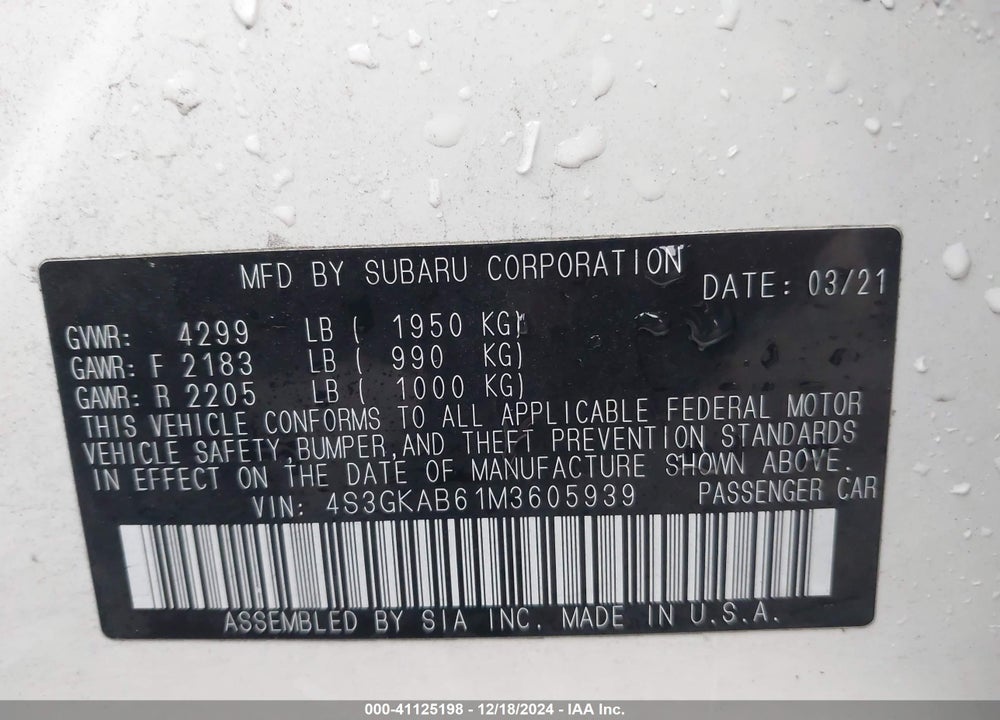 2021 SUBARU IMPREZA VIN: 4S3GKAB61M3605939