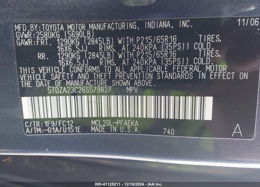 2006 TOYOTA SIENNA LE VIN: 5TDZA23C26S579827
