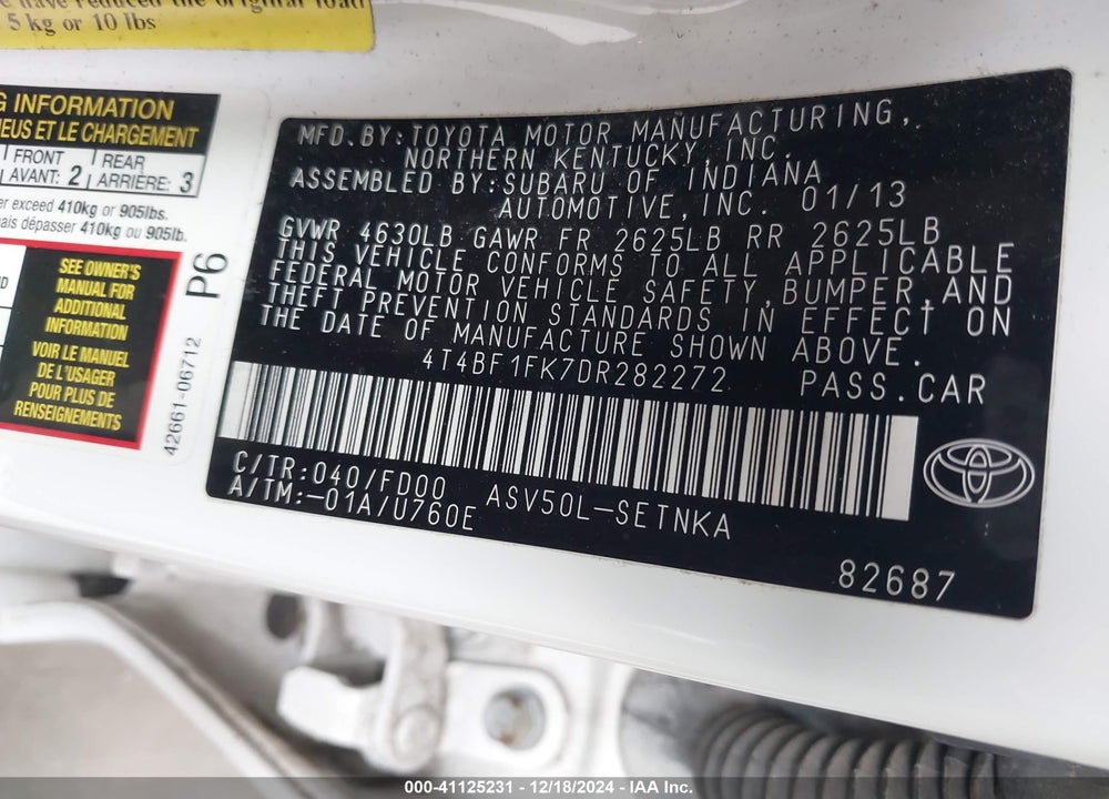 2013 TOYOTA CAMRY LE VIN: 4T4BF1FK7DR282272