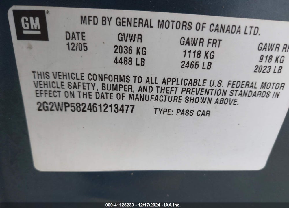 2006 PONTIAC GRAND PRIX VIN: 2G2WP582461213477