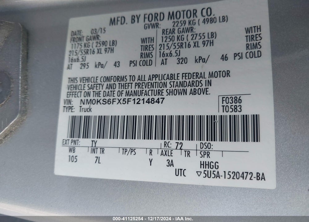 2015 FORD TRANSIT CONNECT XLT VIN: NM0KS6FX5F1214847