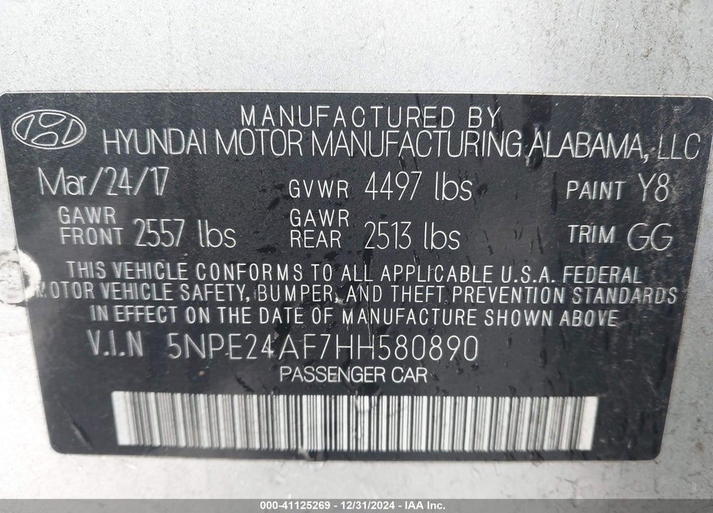 2017 HYUNDAI SONATA SE VIN: 5NPE24AF7HH580890