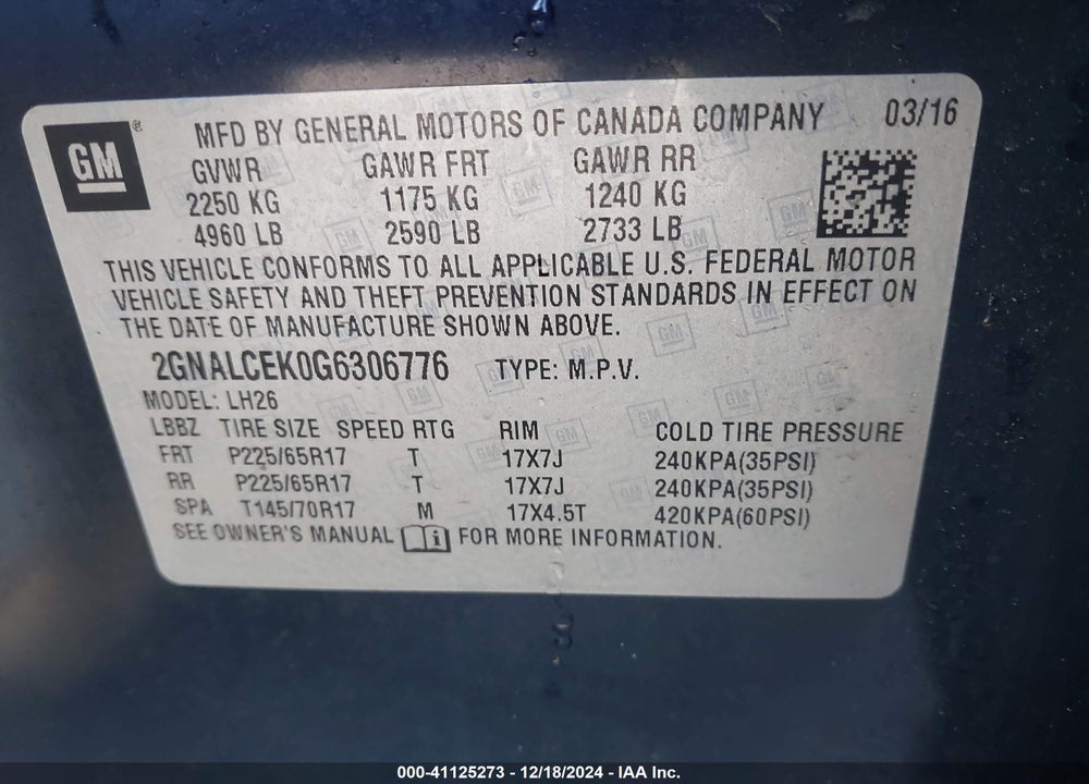 2016 CHEVROLET EQUINOX LT VIN: 2GNALCEK0G6306776