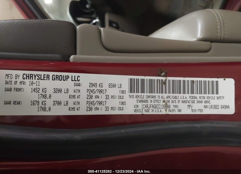 2012 JEEP GRAND CHEROKEE LAREDO VIN: 1C4RJFAG6CC139880