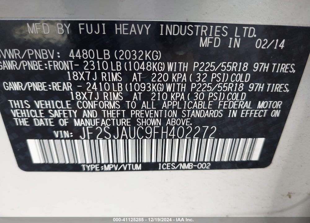 2015 SUBARU FORESTER 2.5I TOURING VIN: JF2SJAUC9FH402272
