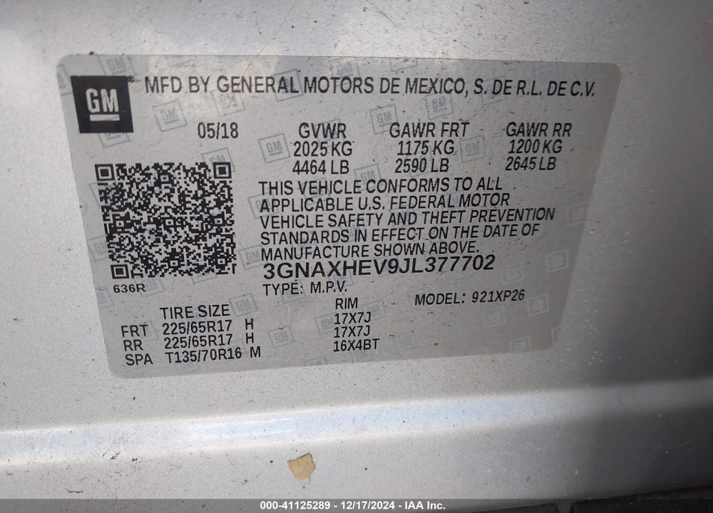 2018 CHEVROLET EQUINOX LS VIN: 3GNAXHEV9JL377702