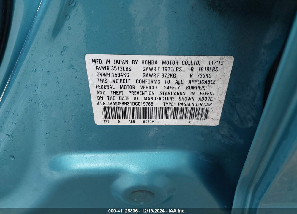 2013 HONDA FIT VIN: JHMGE8H31DC019768