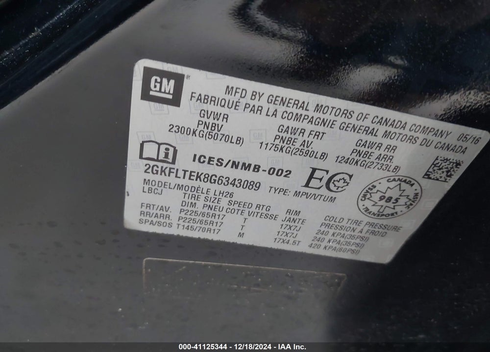 2016 GMC TERRAIN SLE-2 VIN: 2GKFLTEK8G6343089