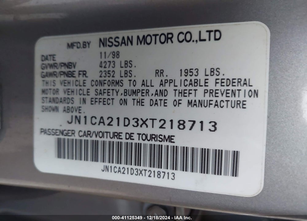 1999 NISSAN MAXIMA GLE/GXE/SE/SE-L VIN: JN1CA21D3XT218713