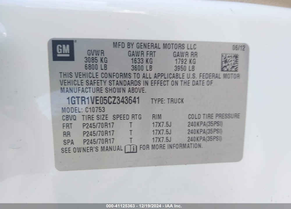 2012 GMC SIERRA 1500 VIN: 1GTR1VE05CZ343641
