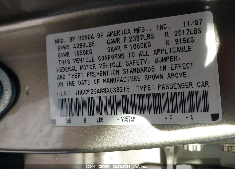 2008 HONDA ACCORD 2.4 LX-P VIN: 1HGCP26488A039215