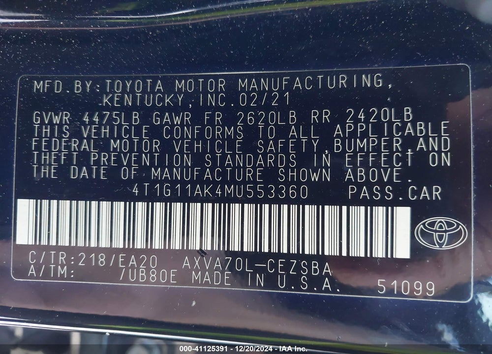 2021 TOYOTA CAMRY SE VIN: 4T1G11AK4MU553360