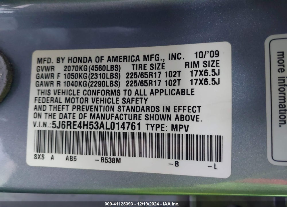 2010 HONDA CR-V EX VIN: 5J6RE4H53AL014761