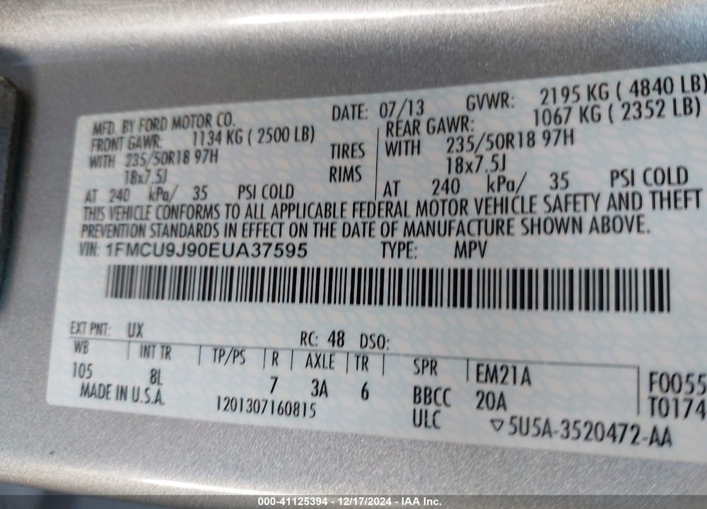 2014 FORD ESCAPE TITANIUM VIN: 1FMCU9J90EUA37595