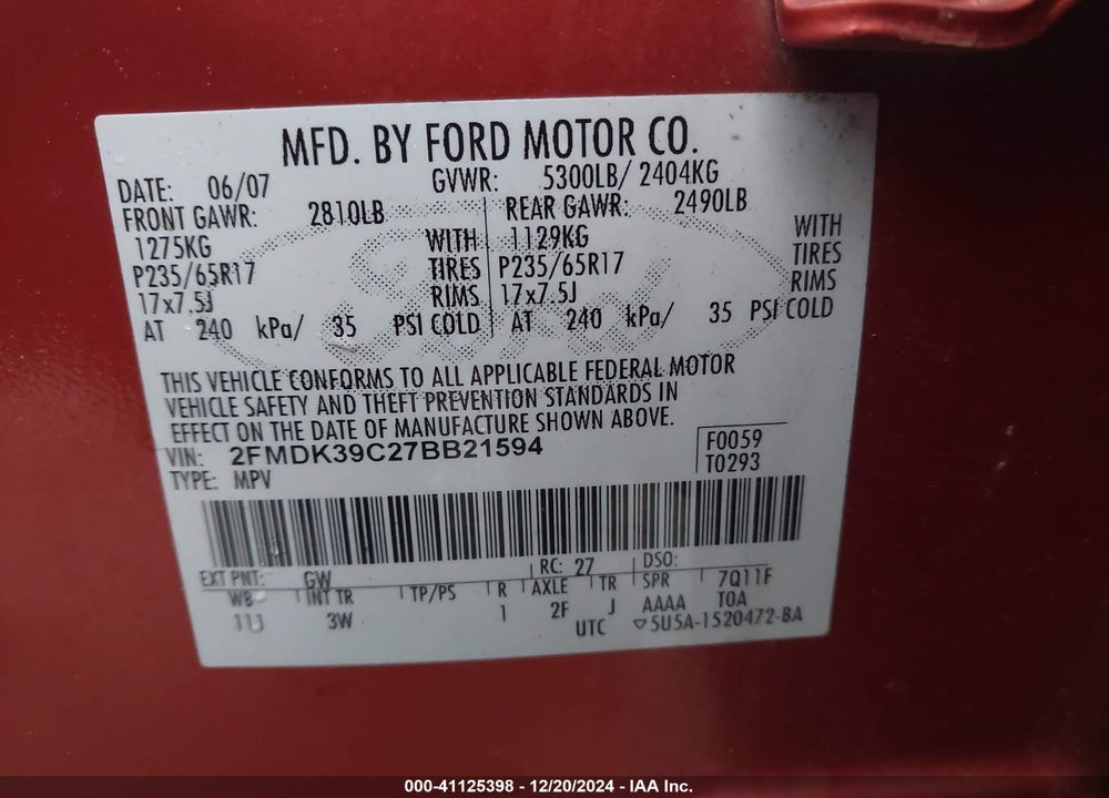 2007 FORD EDGE SEL PLUS VIN: 2FMDK39C27BB21594